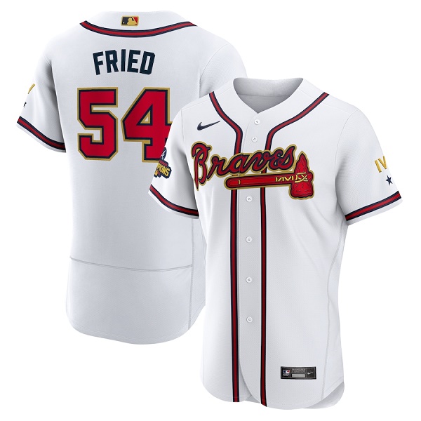 Men's Atlanta Braves #54 Max Fried 2022 White/Gold World Series Champions Program Flex Base Stitched Baseball Jersey Men's Atlanta Braves #54 Max Fried 2022 White/Gold World Series Champions Program Flex Base Stitched Baseball Jersey